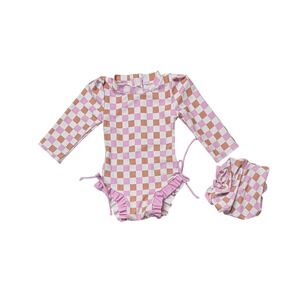 Girls Checkerboard Pink White One Piece Swimsuit with Cap Infant 12-18 Months